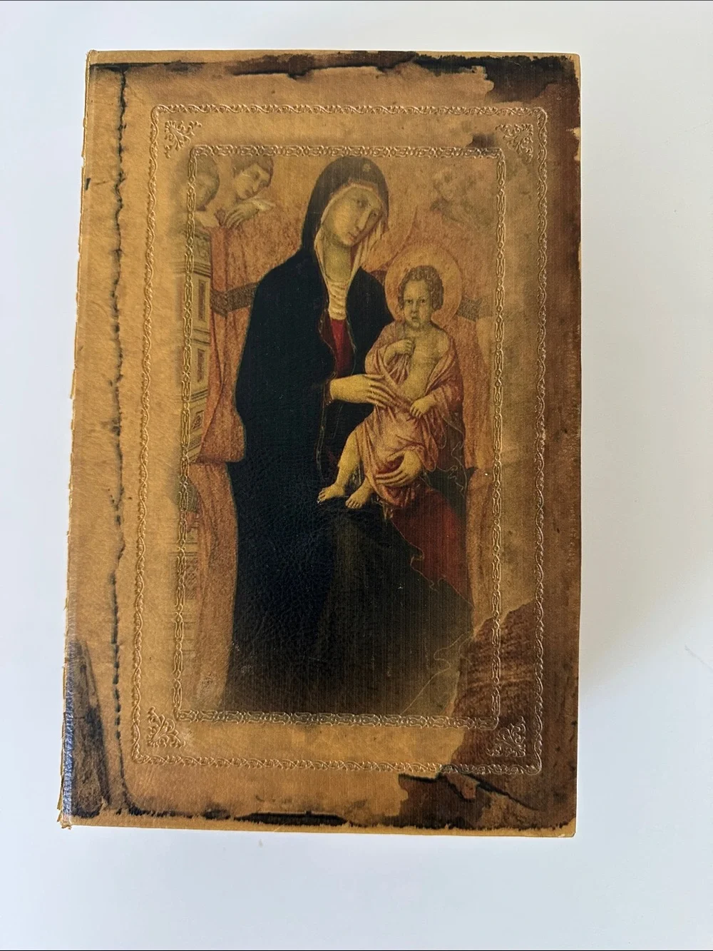 Vintage-Style Brown Decorative Book Box with Religious Artwork